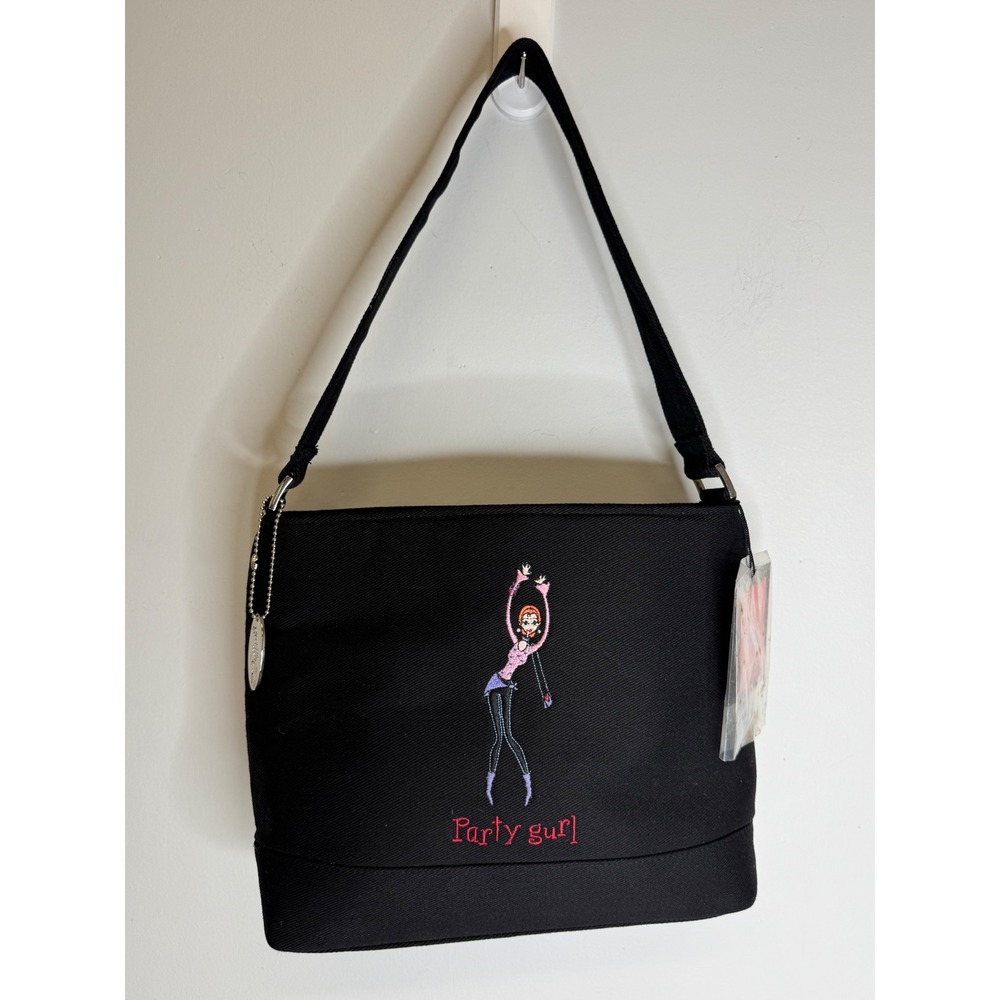 Vintage Y2K Party Gurl Brat Vibes Black Canvas Embroidered Shoulder Bag F31454